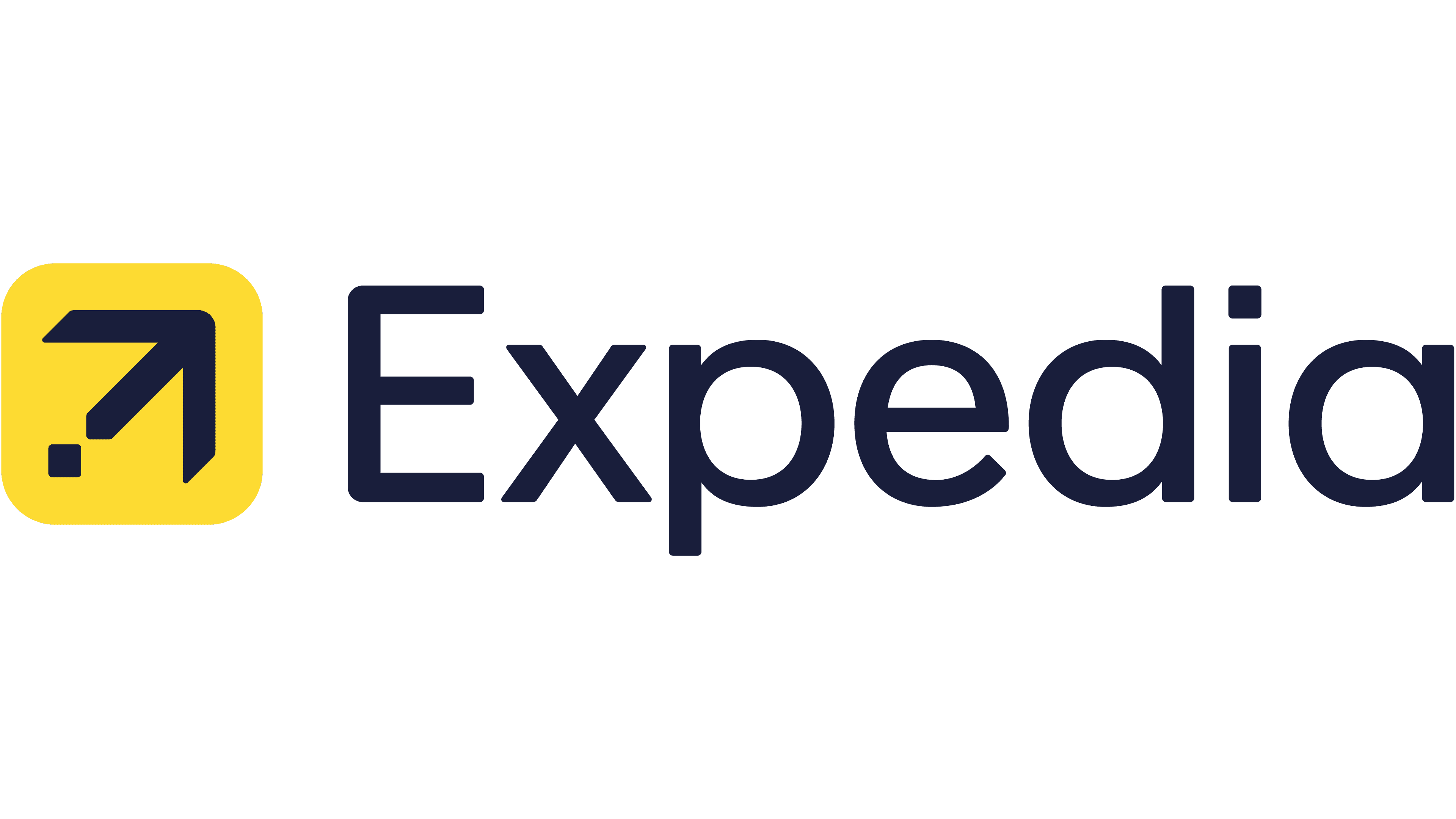 The Expedia logo, representing a strong presence in the short term rental agency sector, features a stylized yellow square with an arrow and the word "Expedia" in bold dark blue text.