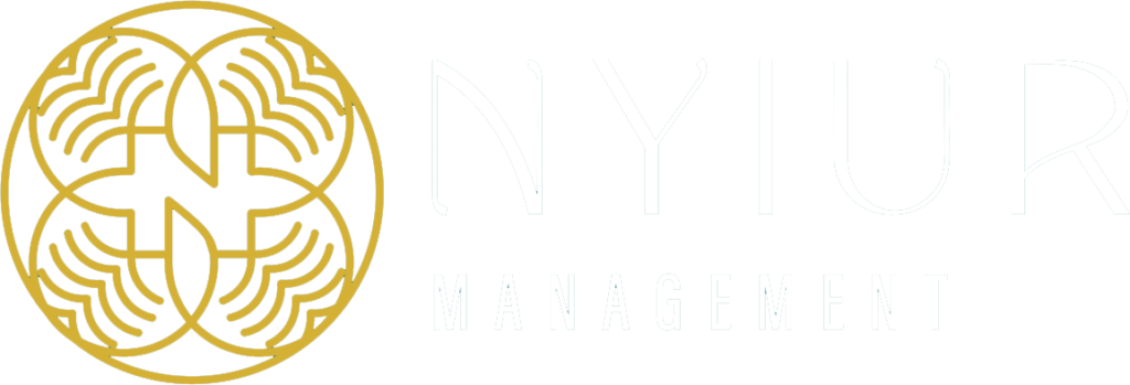 Gold circular emblem with stylized wave patterns next to the words "NYIUR MANAGEMENT" in sleek font. White background.