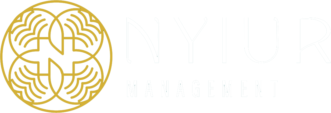 Gold circular emblem with stylized wave patterns next to the words "NYIUR MANAGEMENT" in sleek font. White background.