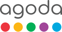 Agoda logo with the name in lowercase gray letters above five colored dots: red, orange, green, purple, and blue.